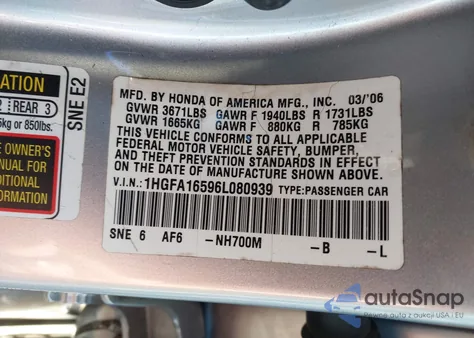 2006 Honda Civic Lx from USA, damaged, VIN 1HGFA16596L080939